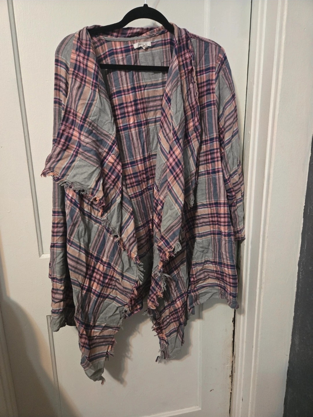 Maurices Plaid Open-Front Draped Jacket in Pink and Gray
